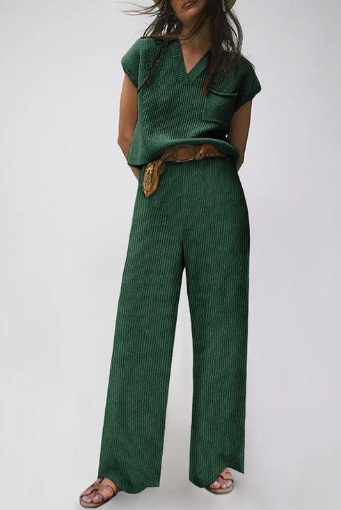 Knitted V Neck Sweater and Casual Pants Set